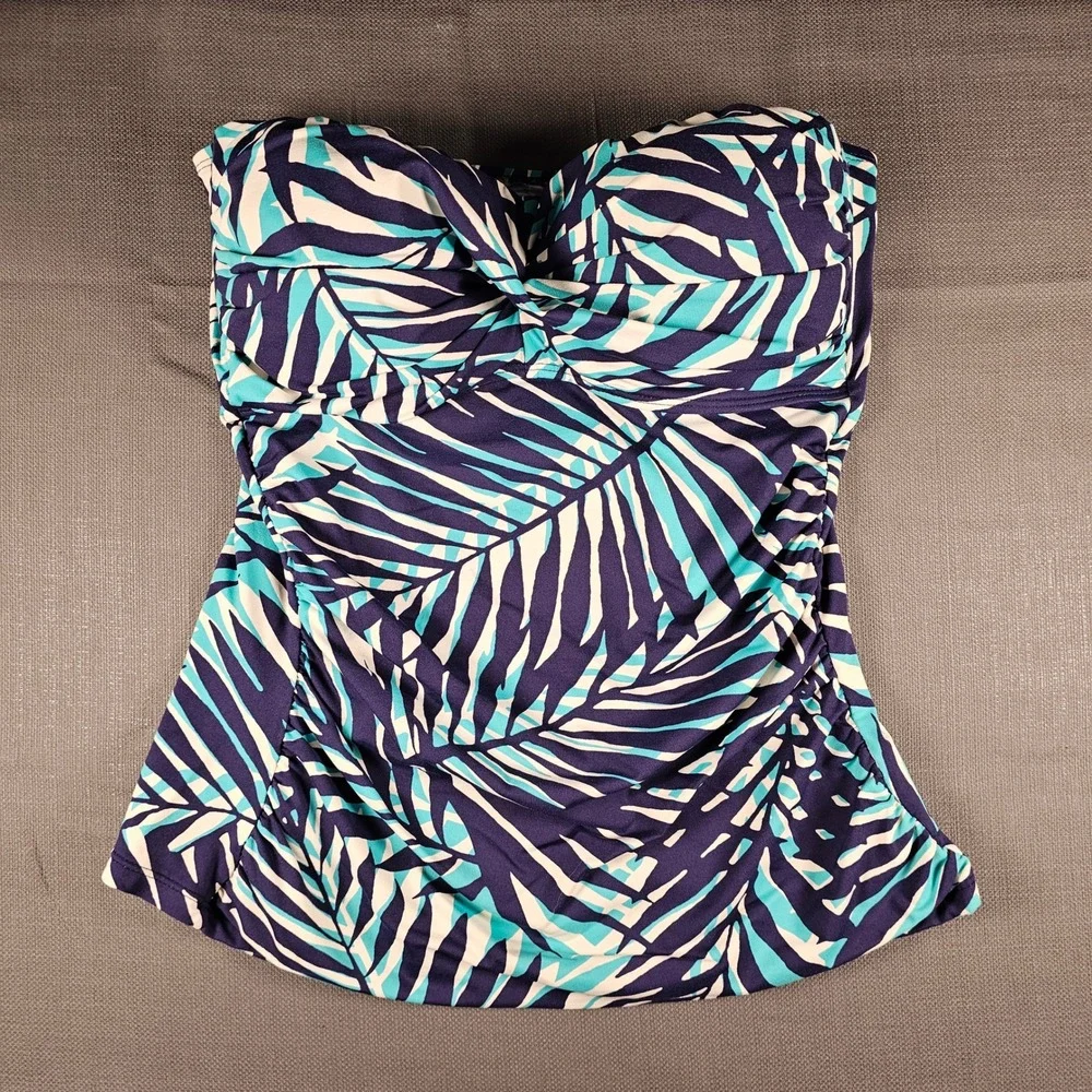 Anne Cole Navy Turquoise Palm Leaf Bandeau Tankini Swim Top‎ Twist Front Ruched